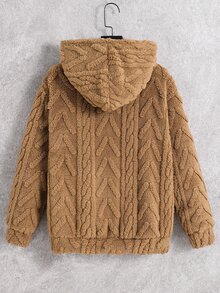 SHEIN 兒童青少年男孩毛絨連帽字母刺繡寬鬆衛衣，適合秋冬上學、運動、外出、聚會，百搭百用 - 卡其色 - 查看 2