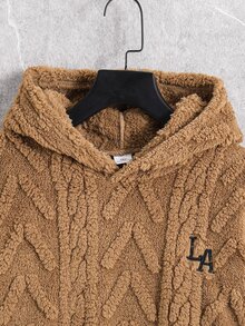 SHEIN 兒童青少年男孩毛絨連帽字母刺繡寬鬆衛衣，適合秋冬上學、運動、外出、聚會，百搭百用 - 卡其色 - 查看 3