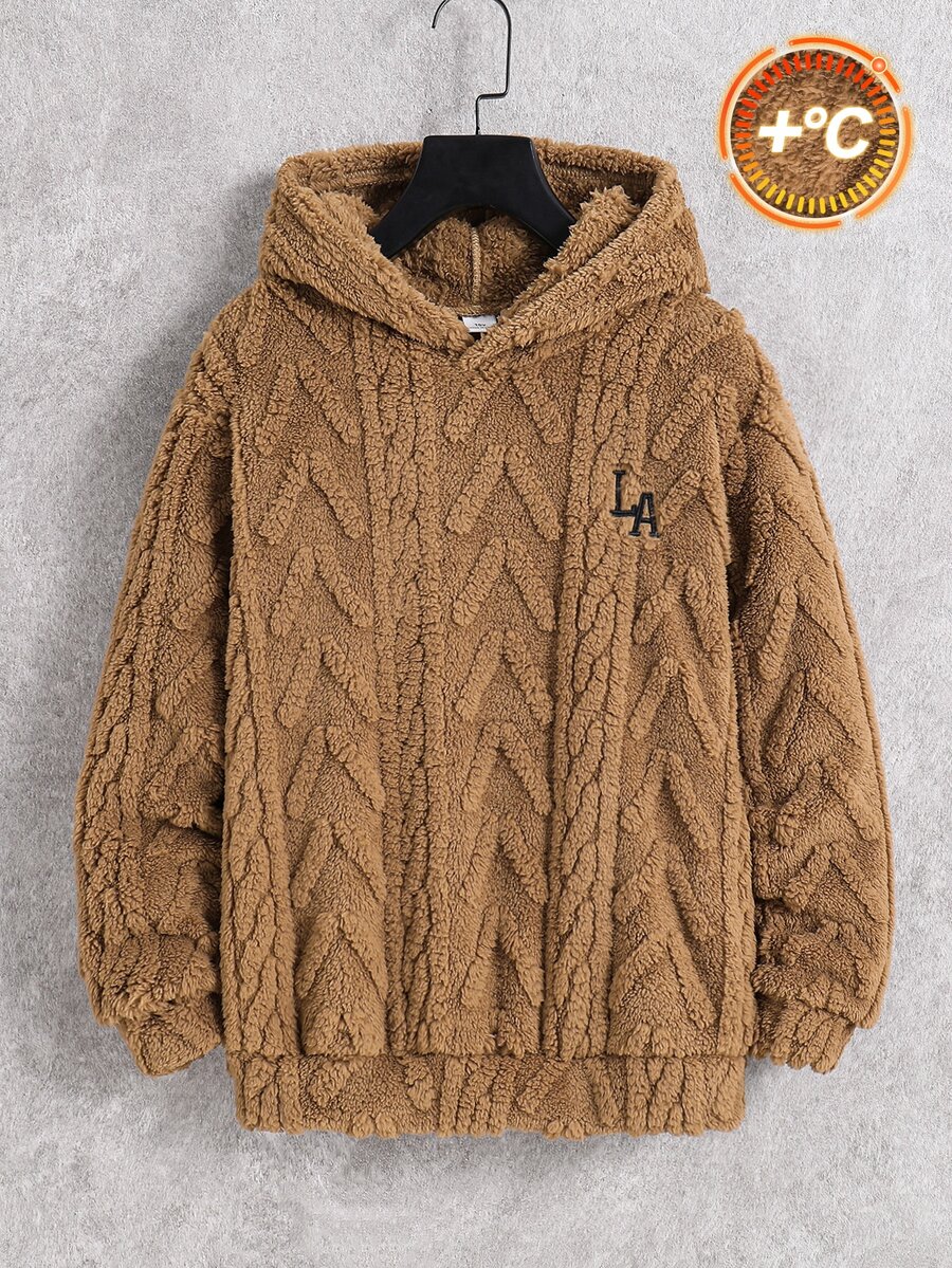 SHEIN 兒童青少年男孩毛絨連帽字母刺繡寬鬆衛衣,適合秋冬上學、運動、外出、聚會,百搭百用 - 卡其色 - 查看 1