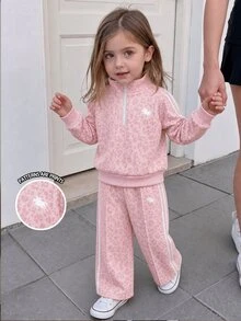 SHEIN Playful Pals 2件組幼女運動衫長褲套裝，甜粉色豹紋馬匹條紋，長袖立領，常規版，生日秋季萬聖節聖誕夾克拉鍊外套 - 彩色 - 查看 3