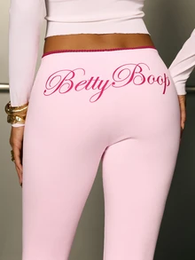 Betty Boop x SHEIN سروال ضيق كاجوال بطول 7/8 للنساء مع حافة مكشكشة - وردي فاتح - مشاهدة 3