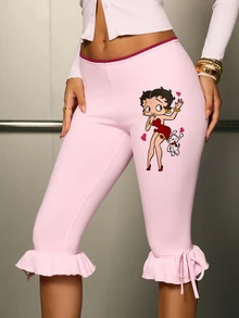 Betty Boop x SHEIN سروال ضيق كاجوال بطول 7/8 للنساء مع حافة مكشكشة - وردي فاتح - مشاهدة 1