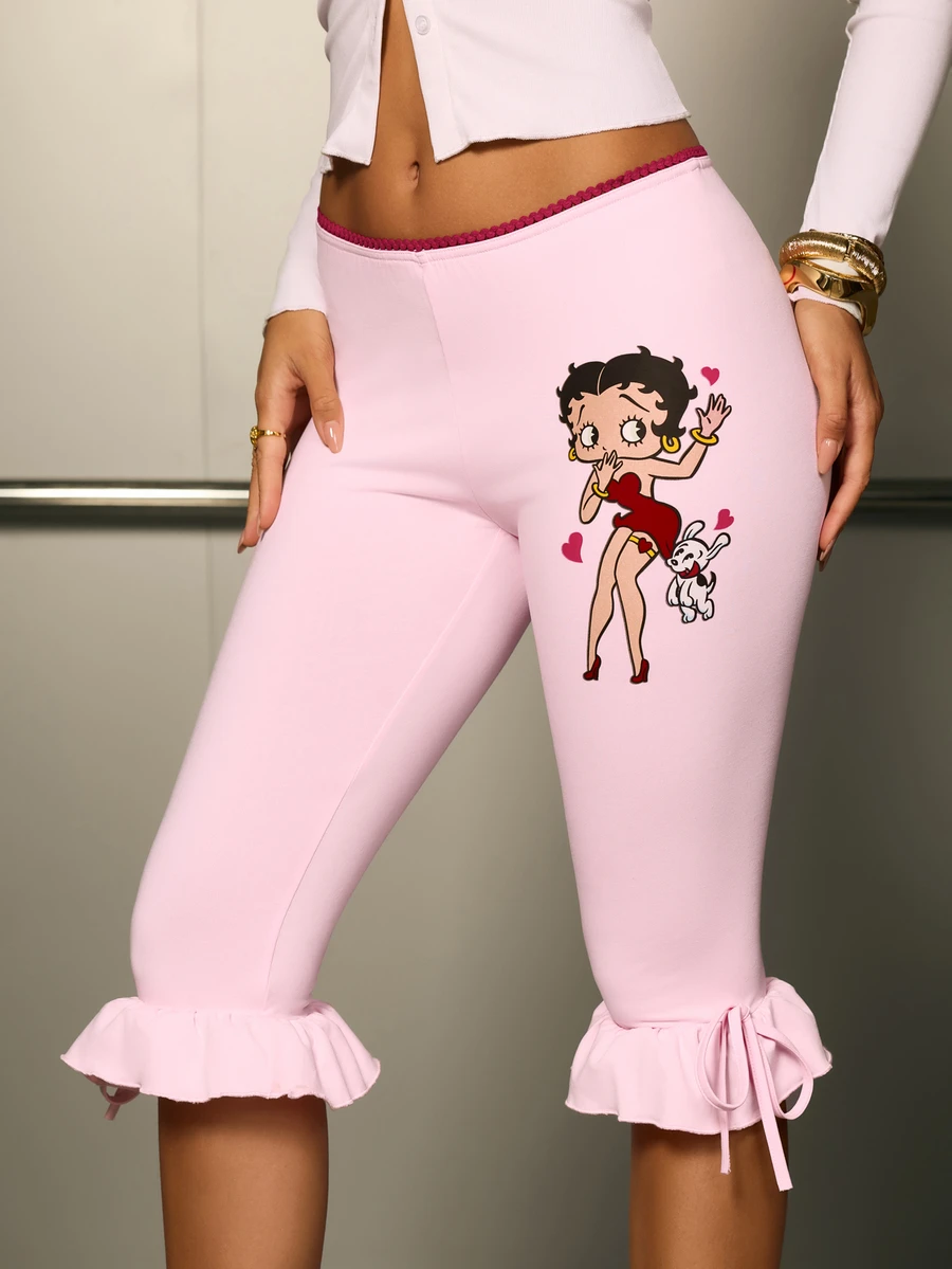 Betty Boop x SHEIN سروال ضيق كاجوال بطول 7/8 للنساء مع حافة مكشكشة - وردي فاتح - مشاهدة 1