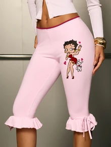 Betty Boop x SHEIN سروال ضيق كاجوال بطول 7/8 للنساء مع حافة مكشكشة - وردي فاتح - مشاهدة 5
