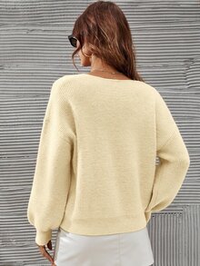SHEIN Frenchy 女款素色V領落肩長袖寬鬆套頭針織衫，淡黃色，秋季休閒日常上班穿搭 - 淡黃色 - 查看 2