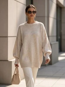 SHEIN Women's Solid Color Casual Versatile Daily Long Sleeve Sweater - Apricot - View 4