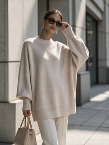 SHEIN Women's Solid Color Casual Versatile Daily Long Sleeve Sweater - Apricot - View 3