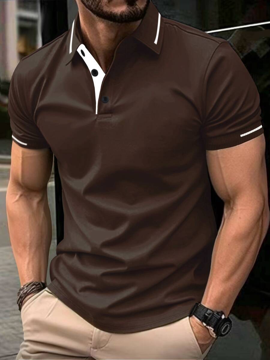 Manfinity Homme 男士拼色短袖休閒正式/通勤棕色 Polo 衫,夏季 - 摩卡棕 - 查看 1