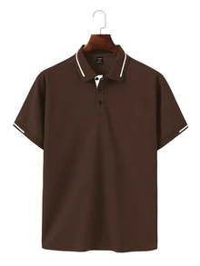 Manfinity Homme 男士拼色短袖休閒正式/通勤棕色 Polo 衫，夏季 - 摩卡棕 - 查看 4