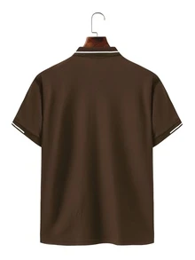 Manfinity Homme 男士拼色短袖休閒正式/通勤棕色 Polo 衫，夏季 - 摩卡棕 - 查看 2