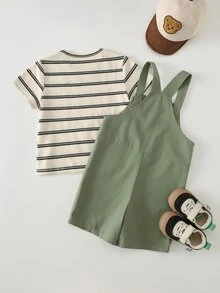 Cozy Pixies 2pcs/Set Young Boy Striped Pattern Knit Soft Round Neck Short Sleeve Top And Bib Shorts, Casual Versatile Comfortable Outfit - Multicolor - View 2