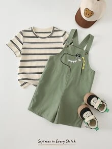 Cozy Pixies 2pcs/Set Young Boy Striped Pattern Knit Soft Round Neck Short Sleeve Top And Bib Shorts, Casual Versatile Comfortable Outfit - Multicolor - View 3