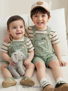 Cozy Pixies 2pcs/Set Young Boy Striped Pattern Knit Soft Round Neck Short Sleeve Top And Bib Shorts, Casual Versatile Comfortable Outfit - Multicolor - View 1
