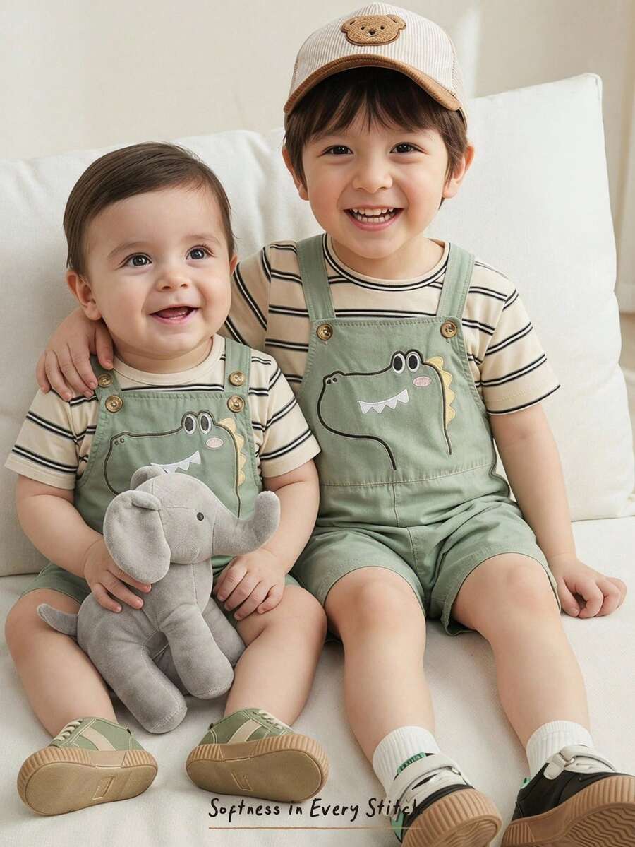 Cozy Pixies 2pcs/Set Young Boy Striped Pattern Knit Soft Round Neck Short Sleeve Top And Bib Shorts, Casual Versatile Comfortable Outfit - Multicolor - View 1