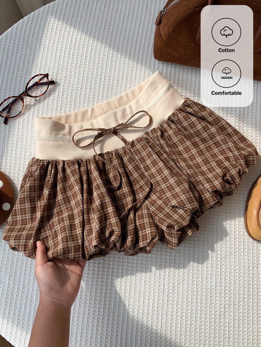 Comfortcana Women's Summer Casual Plaid Patchwork Shorts 2000s Style Office Outfits For Women - Brown - View 1
