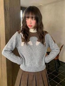 Comfortcana 女款圓領貓咪圖案休閒日常長袖針織衫 - 卡其色 - 查看 10