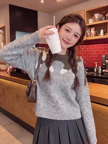 Comfortcana 女款圓領貓咪圖案休閒日常長袖針織衫 - 卡其色 - 查看 11