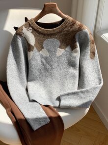 Comfortcana 女款圓領貓咪圖案休閒日常長袖針織衫 - 卡其色 - 查看 8