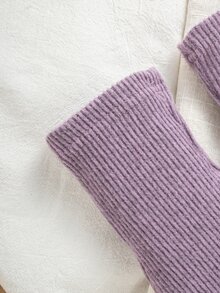 SHEIN 2件組新生女嬰休閒家庭套裝，領口拼接上衣搭配寬鬆針織長褲，簡約時尚紫色蝴蝶結白色秋季款 - 紫色 - 查看 9
