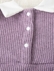 SHEIN 2件組新生女嬰休閒家庭套裝，領口拼接上衣搭配寬鬆針織長褲，簡約時尚紫色蝴蝶結白色秋季款 - 紫色 - 查看 8