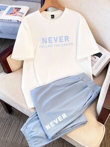 Daypath Men's Fashion Casual Standard Size Knitted White Short Sleeve T-Shirt And Sky Blue Long Pants Set, Minimalist Slogan Graphic Design - Multicolor - View 1