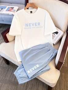 Daypath Men's Fashion Casual Standard Size Knitted White Short Sleeve T-Shirt And Sky Blue Long Pants Set, Minimalist Slogan Graphic Design - Multicolor - View 2