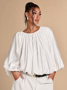 SHEIN BAE CURVE Plus Solid Lantern Sleeve Top - White - View 4