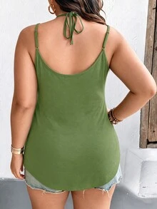 SHEIN CURVE+ Plus Size Women's Spring/Summer Versatile Contrast Lace Decor Button Spaghetti Strap Solid Color Camisole, Suitable For Daily Wear, Parties, Outdoor Activities, Commuting, Street Style, Vacation - Army Green - View 2