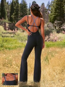 GLOWMODE 31" FeatherFit™ Flare Feel The Flow Crossback Bodysuit With Contrast Back Design & Built-In Padding Yoga Pilates Studio Daily Wear - Iron Gray - View 1