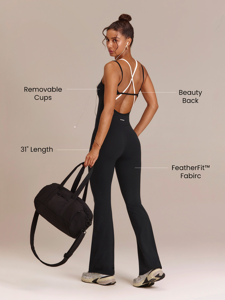 GLOWMODE 31" FeatherFit™ Flare Feel The Flow Crossback Bodysuit With Contrast Back Design & Built-In Padding Yoga Pilates Studio Daily Wear - Black - View 3