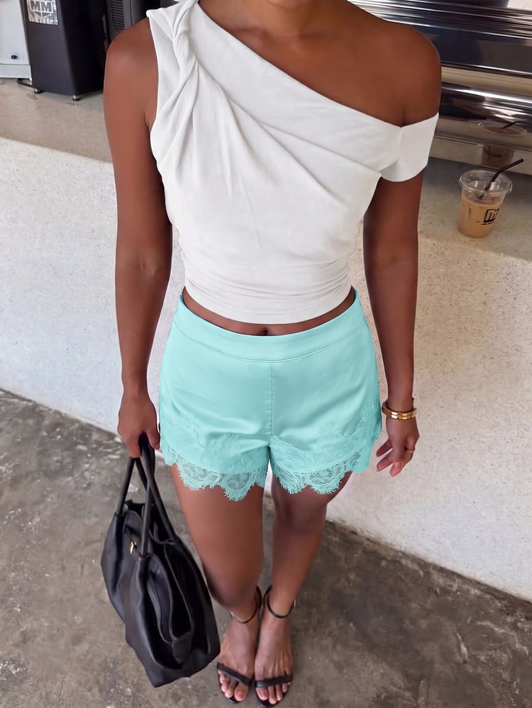 Siren Gaze Contrast Lace Solid Shorts Night Date Mint Green Summer Romantic Sexy - Mint Blue - View 7