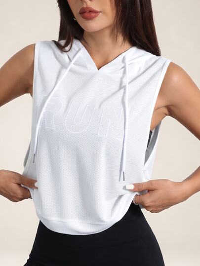 Eassivo Eassivo Letter Embroidery Sleeveless Drawstring Hooded Sports Sweatshirt