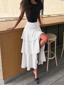 Siren Gaze Women's Polka Dot Exaggerated Layered Ruffle Design Long Skirt, Polka Dot Skirt - White - View 5