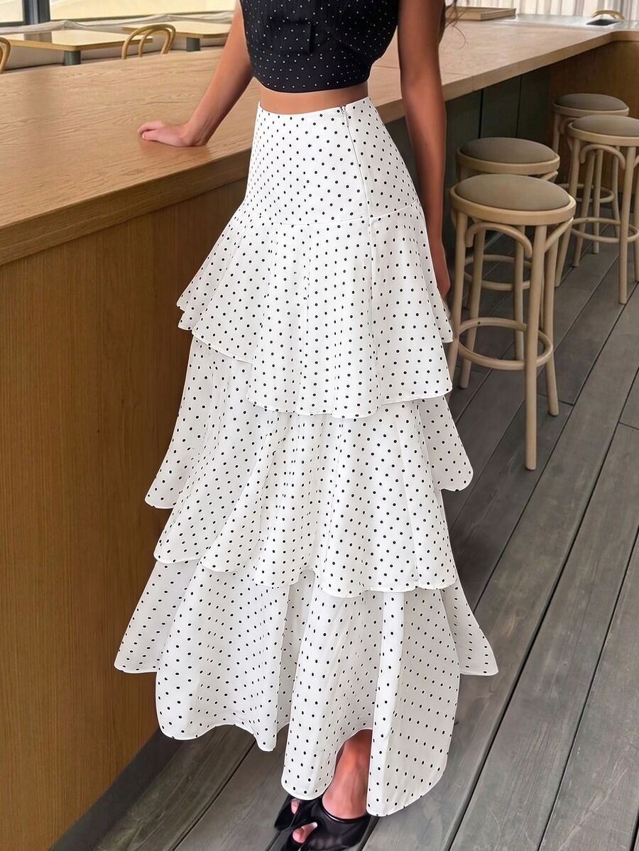 Siren Gaze Women's Polka Dot Exaggerated Layered Ruffle Design Long Skirt, Polka Dot Skirt - White - View 1