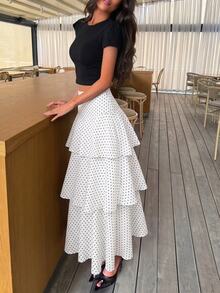 Siren Gaze Women's Polka Dot Exaggerated Layered Ruffle Design Long Skirt, Polka Dot Skirt - White - View 4
