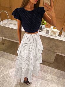 Siren Gaze Women's Polka Dot Exaggerated Layered Ruffle Design Long Skirt, Polka Dot Skirt - White - View 2
