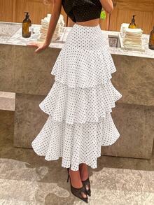 Siren Gaze Women's Polka Dot Exaggerated Layered Ruffle Design Long Skirt, Polka Dot Skirt - White - View 6