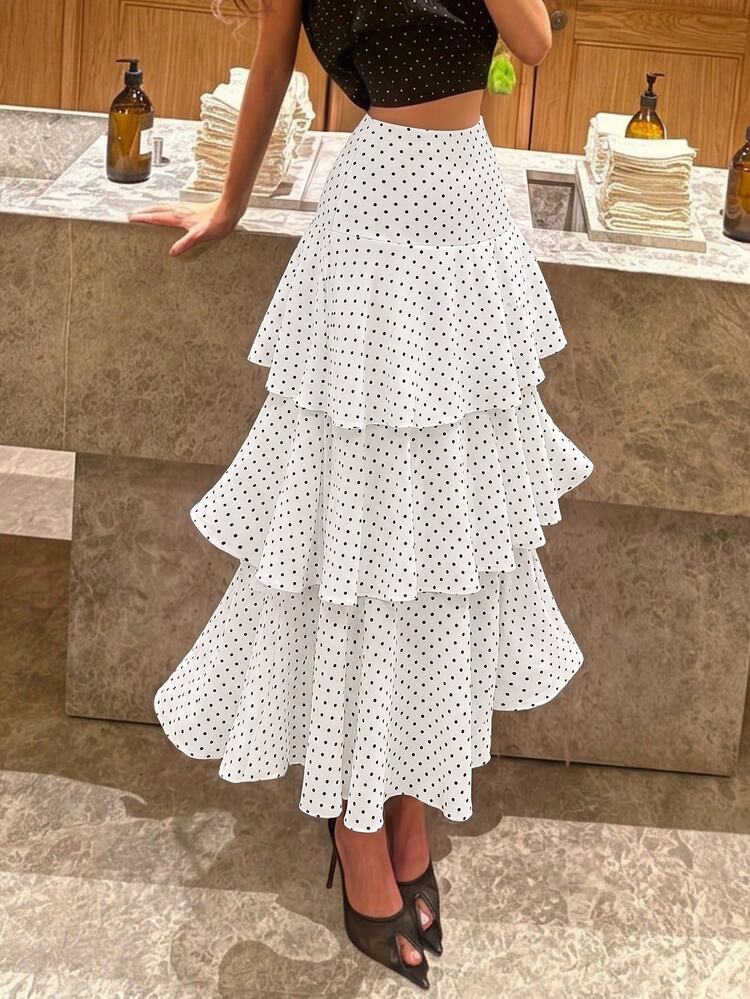 Siren Gaze Women's Polka Dot Exaggerated Layered Ruffle Design Long Skirt, Polka Dot Skirt - White - View 6