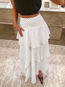 Siren Gaze Women's Polka Dot Exaggerated Layered Ruffle Design Long Skirt, Polka Dot Skirt - White - View 7