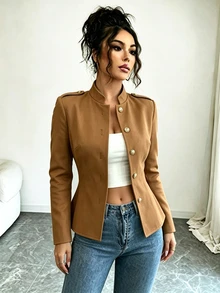 SHEIN 純色鈕扣前開夾克 辦公室穿搭 駝色 秋季 優雅 - 棕色 - 查看 6