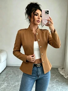 SHEIN 純色鈕扣前開夾克 辦公室穿搭 駝色 秋季 優雅 - 棕色 - 查看 5