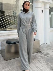 DAZY Women's Solid Color Zip-Up Drawstring Hooded Sweatshirt And Sweatpants Casual Daily 2 Pieces Set Fall - Grey - View 1