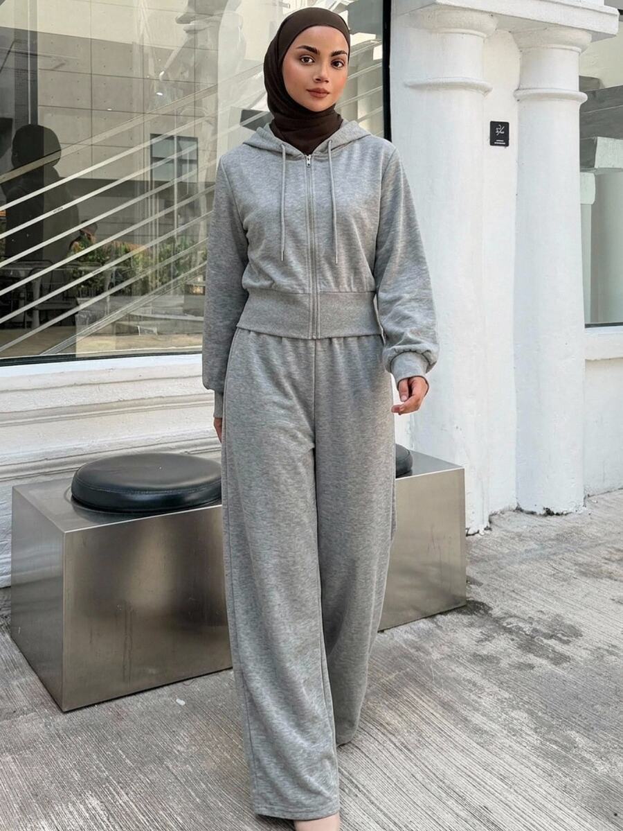 DAZY Women's Solid Color Zip-Up Drawstring Hooded Sweatshirt And Sweatpants Casual Daily 2 Pieces Set Fall - Grey - View 1