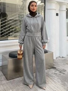 DAZY Women's Solid Color Zip-Up Drawstring Hooded Sweatshirt And Sweatpants Casual Daily 2 Pieces Set Fall - Grey - View 2