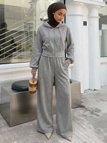 DAZY Women's Solid Color Zip-Up Drawstring Hooded Sweatshirt And Sweatpants Casual Daily 2 Pieces Set Fall - Grey - View 3