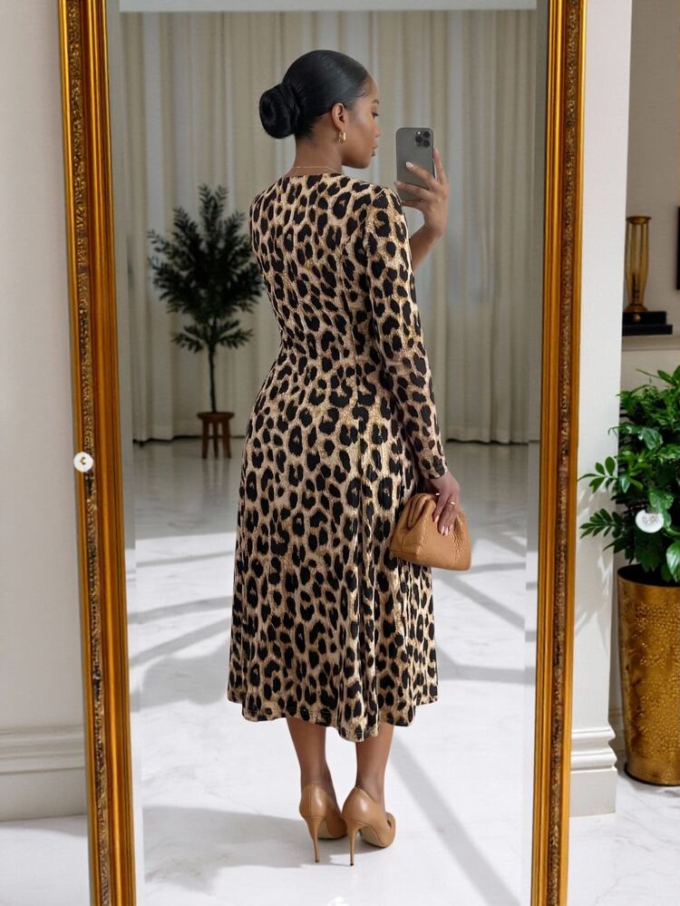 SHEIN Lady CURVE Plus Size Women's Leopard Print Casual Elegant Everyday Autumn Travel Dress Dinner Formal Wedding Beige - Multicolor - View 2