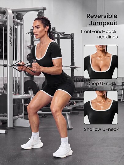 Solea Cove Solea Cove Seamless Bicolor Sports Romper Women,Black And White Reversible Jumpsuit Bodysuit,Deep U-Neck Gym Athleisure,Summer Athletic Training Clothes Wear