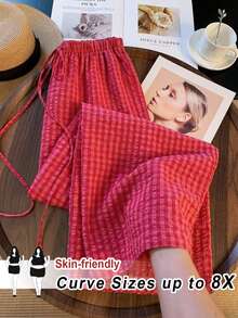 SHEIN CURVE+ Celana Panjang Wanita Ukuran Besar Musim Semi/Panas Motif Kotak-kotak dengan Tali Serut, Kasual, Serbaguna, dan Potongan Lebar untuk Pemakaian Sehari-hari di Musim Gugur - Merah - View 7