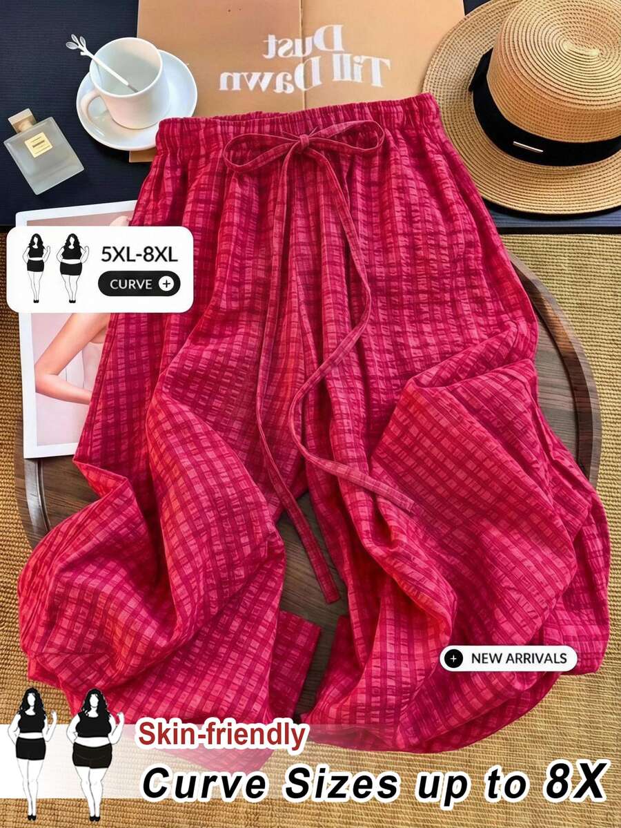SHEIN CURVE+ Celana Panjang Wanita Ukuran Besar Musim Semi/Panas Motif Kotak-kotak dengan Tali Serut, Kasual, Serbaguna, dan Potongan Lebar untuk Pemakaian Sehari-hari di Musim Gugur - Merah - View 1