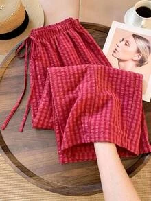 SHEIN CURVE+ Celana Panjang Wanita Ukuran Besar Musim Semi/Panas Motif Kotak-kotak dengan Tali Serut, Kasual, Serbaguna, dan Potongan Lebar untuk Pemakaian Sehari-hari di Musim Gugur - Merah - View 4